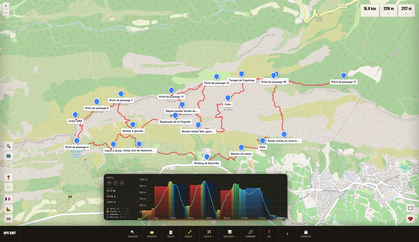 Interface van GPX Edit Pro: wandelspoor van 16,8 km op topografische kaart rond de Sainte-Victoire, benoemde waypoints, hoogteprofiel gekleurd volgens helling en oppervlakteverdeling (aarde 86%, grind 9%, asfalt 1%)