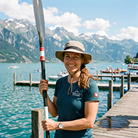 Realistisch portret van een Zwitserse kajakster, 39 jaar, op een steiger bij een meer