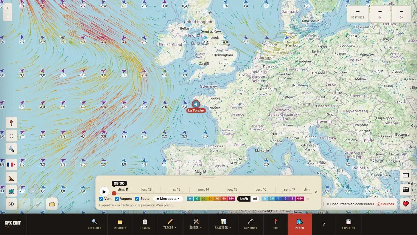 La mappa meteo ridotta sull'Europa occidentale: vento animato e altezza delle onde