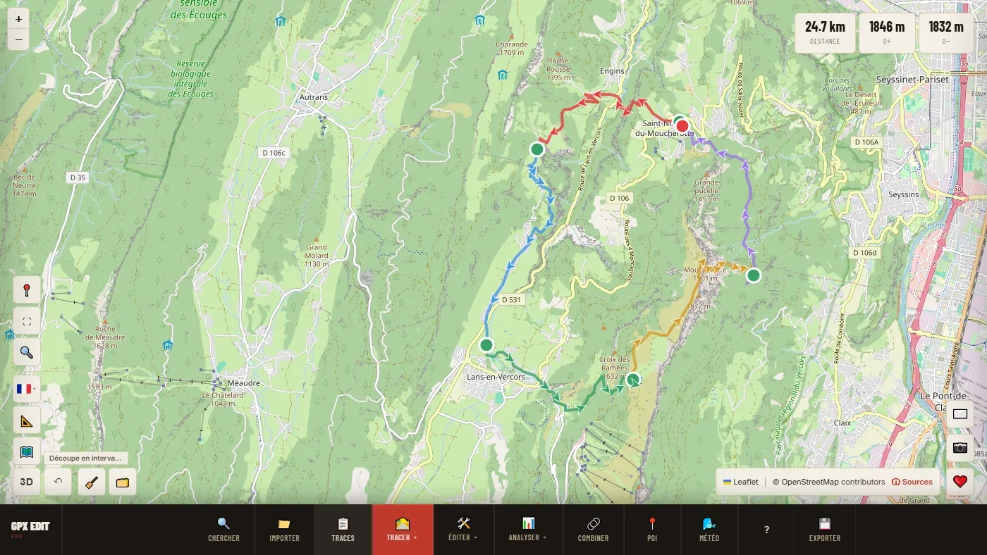 A 24.7 km trail course split into five 5 km sections, each in its own colour