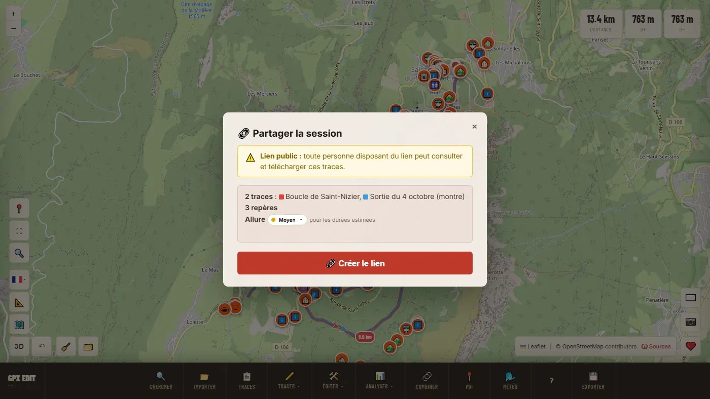 La fenêtre Partager la session avec l'avertissement sur le lien public