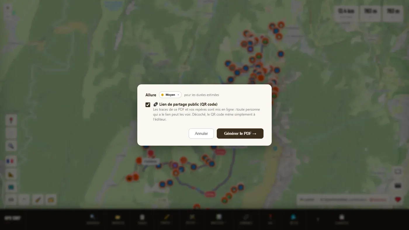 The PDF map window with the choice of pace and of the QR code's share link