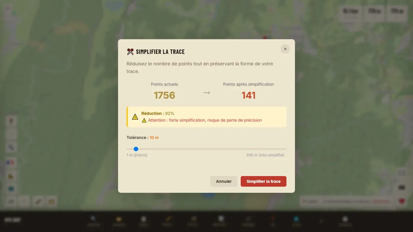 La fenêtre Simplifier la trace : 1756 points ramenés à 141 avec une tolérance de 10 m