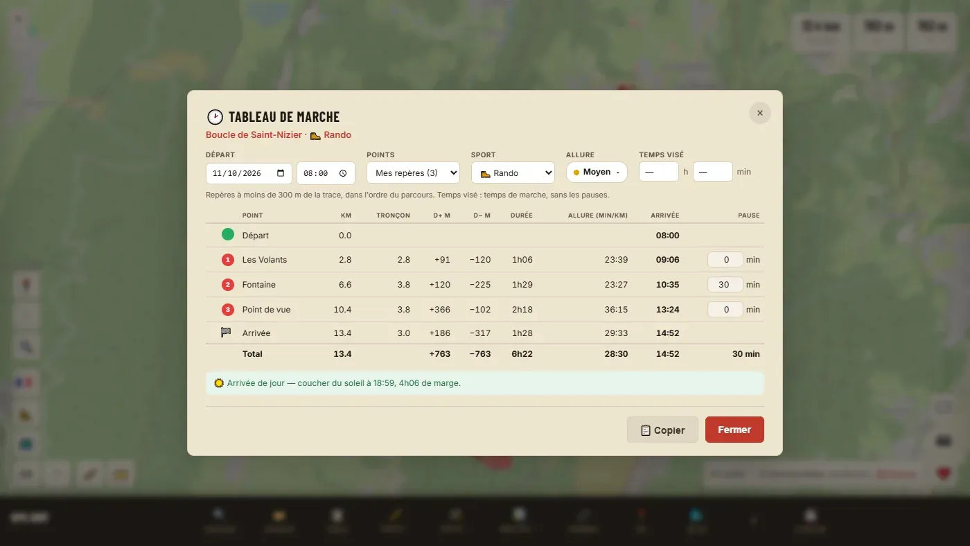 The GPX Edit Pro route card with passing times at the markers